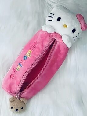 Hello Kitty Pink Plush Zipper Pouch with Bear Charm